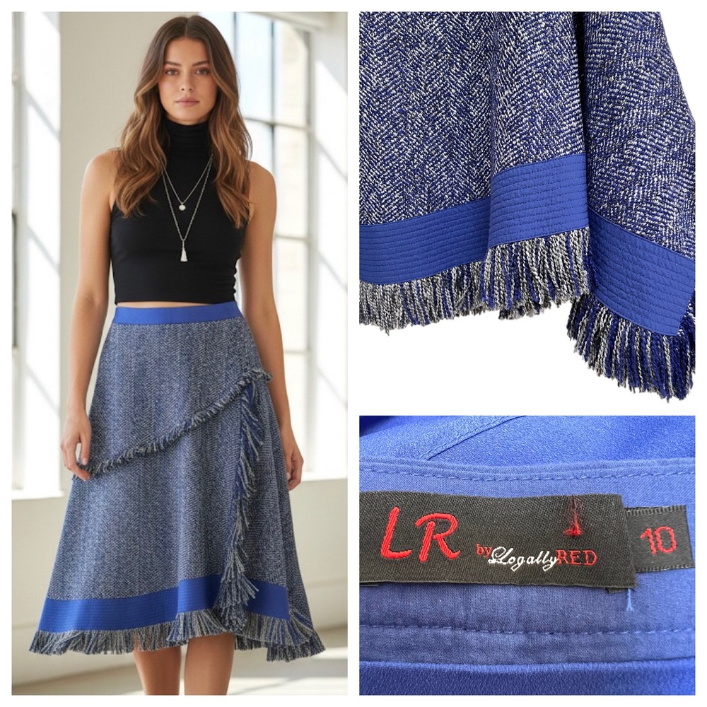 LegallyRED‎ Blue Tweed Midi Skirt Fringe Herringbone Assymetric Wool Boho Sz 10